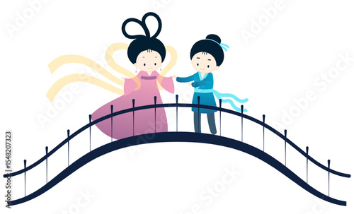 Qixi Festival, Tanabata lovers meeting on magpie bridge kawaii characters illustration, isolated vector. Hand drawn cute flat design. Traditional Chinese holiday element. China Valentines Day