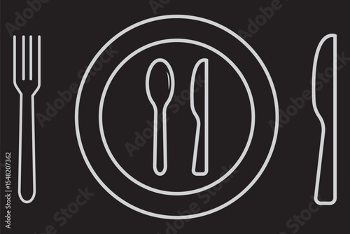 Fork, spoon, knife and plate. Menu symbol. Tableware instruments. Restaurant icon. Food, plate, fork, knife, spoon, cutlery icon set. eps 10