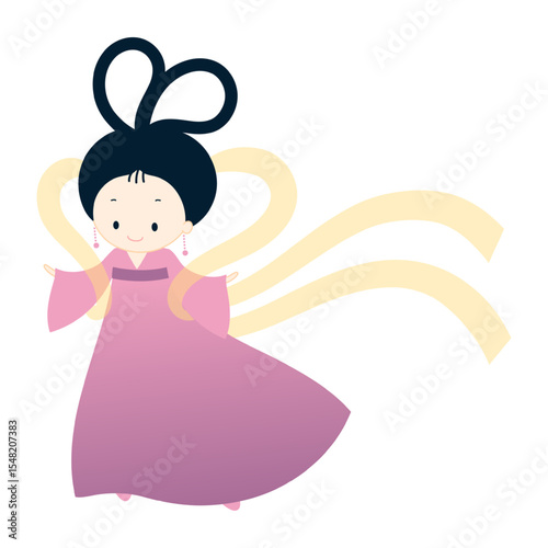 Qixi Festival, Tanabata weaver girl, Orihime kawaii character illustration, isolated vector. Hand drawn cute flat design. Traditional Chinese, Japanese holiday element. China Valentines Day