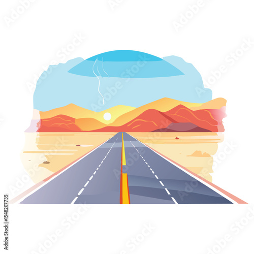 Desert highway landscape illustration with mountains and sunset for travel and adventure themes