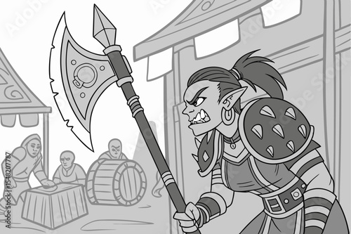 Medieval knight vector illustration featuring a cartoon woman soldier with sword and shield for fun