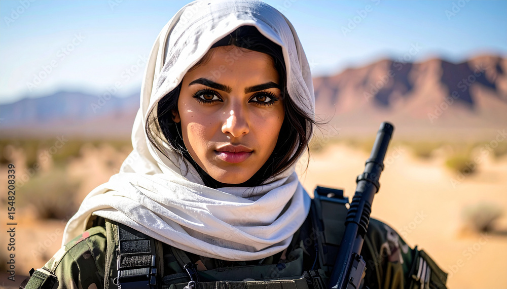 Obraz premium Middle Eastern Man Wearing White Keffiyeh and Camouflage Military Field Uniform Outdoors