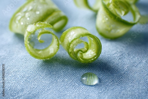 Swirls of cucumber peel curls resting on soft fabric with a refreshing juice droplet glimmering beneath soft morning light