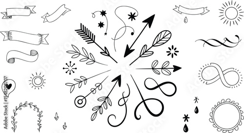 Black and White Hand Drawn Arrows Floral Elements Banners