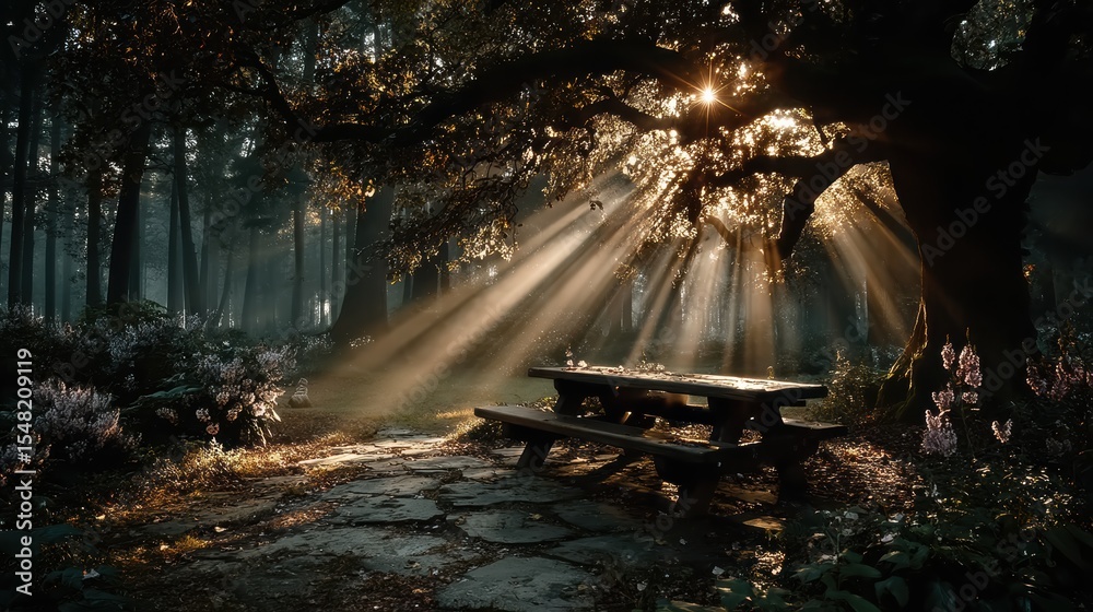 Fototapeta premium Sunlight Beams Through Forest Canopy Illuminating Picnic Table