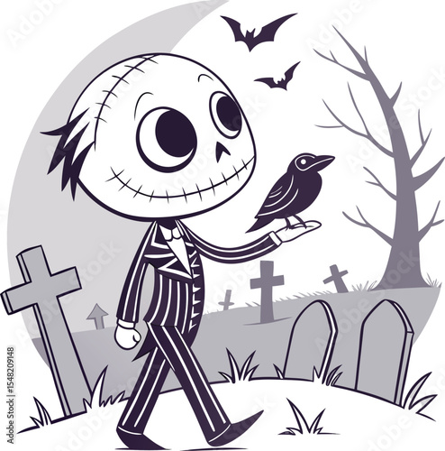 skeleton boy walking in graveyard with black bird