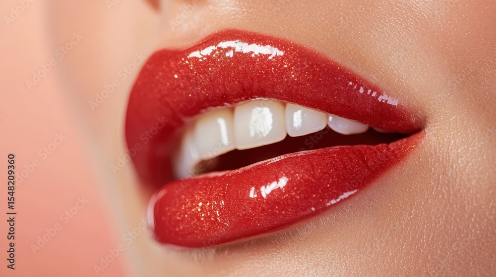 Obraz premium A close-up view captures a pair of glamorous red lips glistening against a soft background, emphasizing beauty and allure with sparkling details and flawless dental aesthetics.