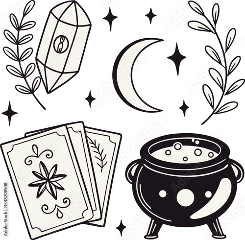 magic potion tarot moon crystal leaf art design set