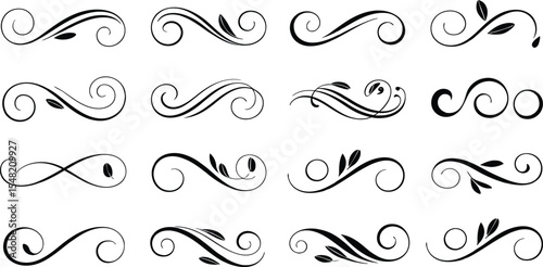 Black Swirl and Leaf Decorative Elements Set vector