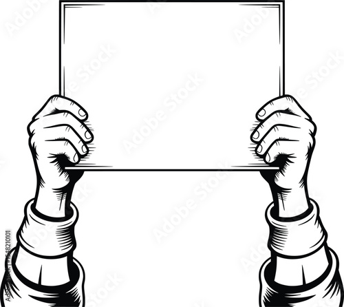 Hands Holding Blank Sign Vector, Protest Placard Poster Outline Illustration.