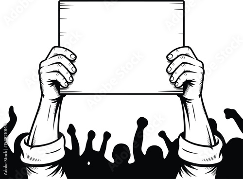 Hands Holding Blank Sign Vector, Protest Placard Poster Outline Illustration.