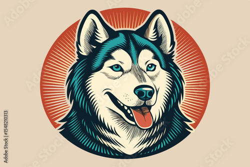 Vintage Style Husky Dog Portrait with Sunburst Background