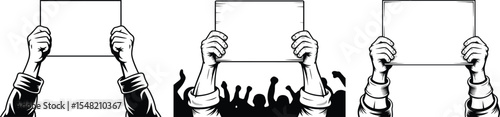 Protest Sign Vector Set, Raised Hands Holding Blank Placards Illustration.