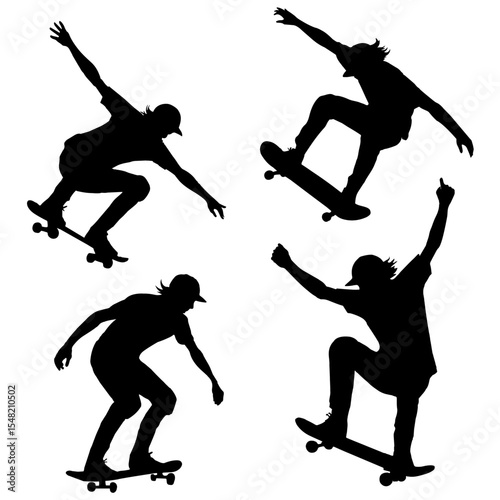 Silhouettes of skateboarders performing tricks