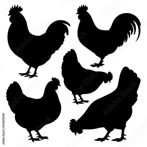 Silhouette depiction of five chickens and roosters