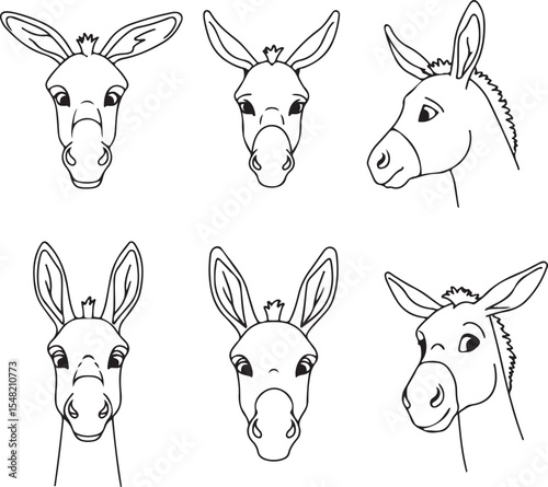 Six Donkey Head Portraits: Line Art Illustrations for Design Projects