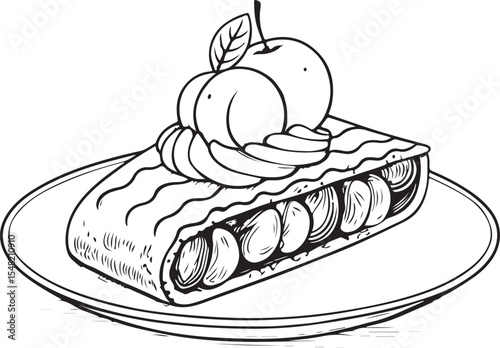 Apple strudel with ice cream Vector Illustration, Sketch Drawing Line Linear Symbol Icon Engraving Coloring Book, Hand-drawn Black and White Isolated