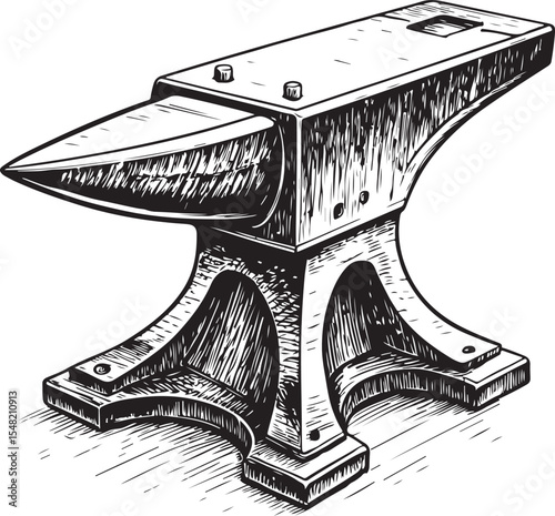 Blacksmith anvil Vector Illustration, Sketch Drawing Line Linear Symbol Icon Engraving Coloring Book, Hand-drawn Black and White Isolated