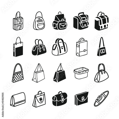 Travel and Fashion Bags Vector Icon Set | Black Silhouette Line Icons | Editable Stroke | Suitcase, Tote Bag, Backpack, Purse, Briefcase, Shopping Bag and Luggage Icons