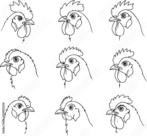 Nine Line Art Rooster Head Illustrations:  Poultry, Farm Animal, Bird Designs