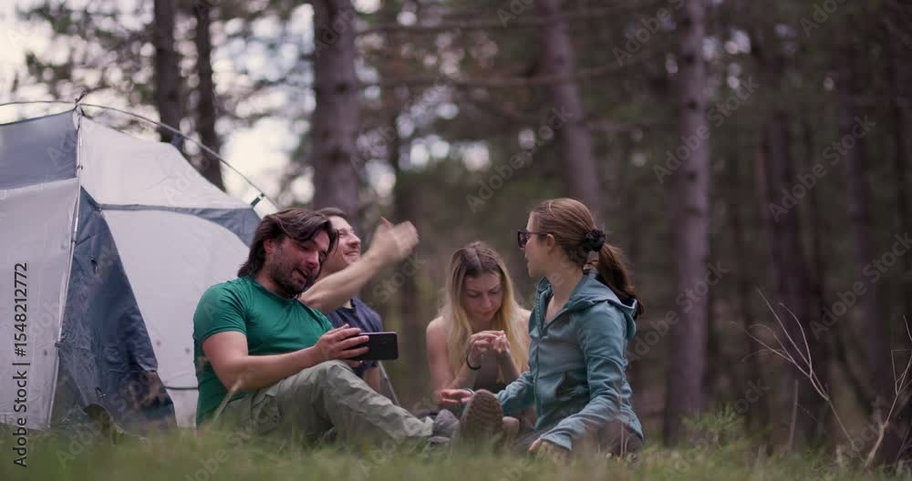 A joyful group of friends sitting by a tent in a forest, laughing, and giving a high five while enjoying their camping adventure, capturing a selfie. A joyful group of friends sitting by a tent in a forest, laughing, and giving a high five while enjoying their camping adventure, capturing a selfie.