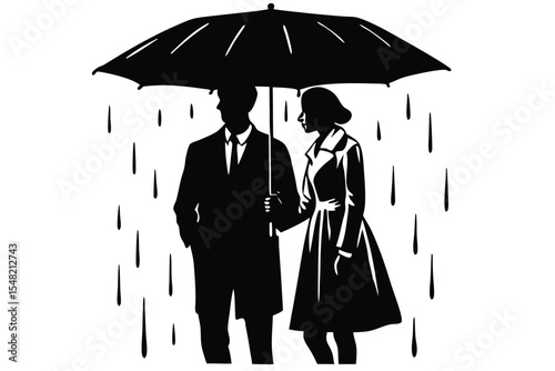 Romantic couple silhouette under umbrella in rain