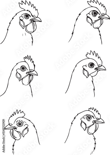 Chicken Head Drawings: Six Line Art Illustrations for Poultry Farming, Agriculture, and Animal Art Projects