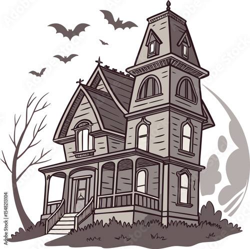 spooky haunted house with bats and full moon night