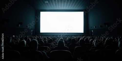 Audience watching blank white screen in a dark cinema movie theater.
