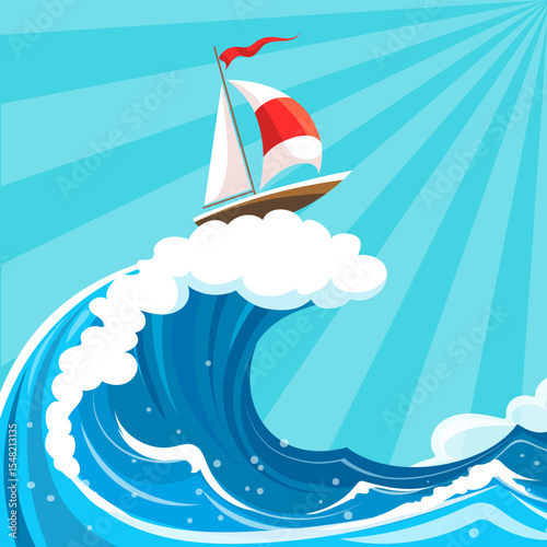 Sail ship riding a high wave