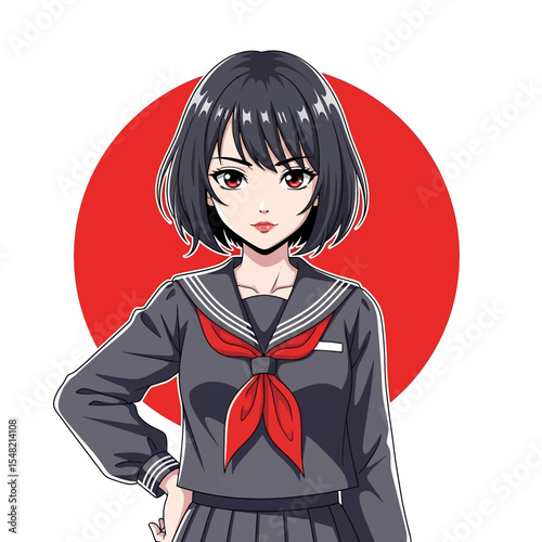 Adobe illustrator artwork vector illustration: A charming anime-style schoolgirl with short black hair smiles confidently in her sailor uniform, set against a vibrant red Japanese flag circle