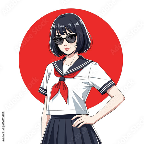 Adobe illustrator artwork vector illustration: A charming anime-style schoolgirl with short black hair smiles confidently in her sailor uniform, set against a vibrant red Japanese flag circle