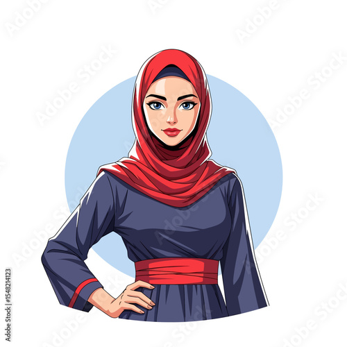 Adobe illustrator artwork vector illustration: A stylish young Muslim woman in a Hijab poses confidently, showcasing modern Islamic fashion