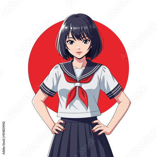 Adobe illustrator artwork vector illustration: A charming anime-style schoolgirl with short black hair smiles confidently in her sailor uniform, set against a vibrant red Japanese flag circle