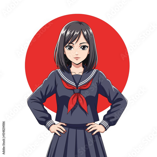 Adobe illustrator artwork vector illustration: A charming anime-style schoolgirl with short black hair smiles confidently in her sailor uniform, set against a vibrant red Japanese flag circle