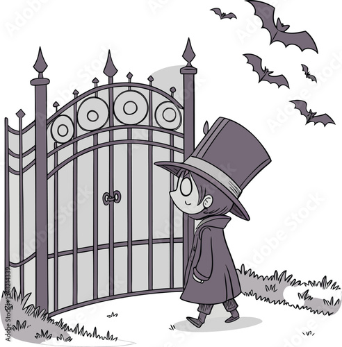 boy in hat walking near gate with flying bats