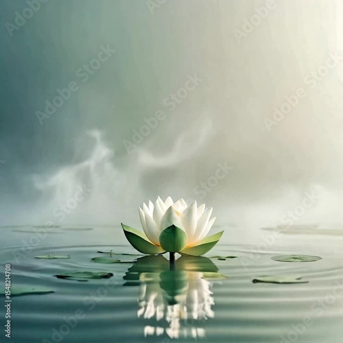 lotus flower in water, White lotus, calm water, serene, pure, misty, tranquil, reflection, flower, bud, spiritual, peaceful, natural beauty, zen, meditation, spa, wellness, waterlily