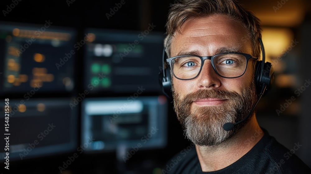 A content man wearing headphones sits in front of multiple screens displaying data, embodying the spirit of engagement and focus in a modern tech workspace setting. A content man wearing headphones sits in front of multiple screens displaying data, embodying the spirit of engagement and focus in a modern tech workspace setting.