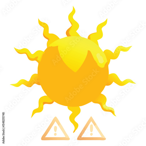 Sunburn warning signs with bright sun illustration for weather forecast and safety awareness theme