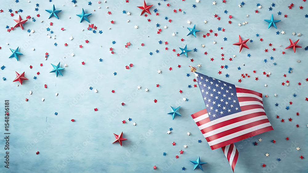 Obraz premium American Flag with Red Blue Stars Confetti on Blue Background