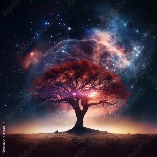 Tree on the background of space, background. Ai generative.