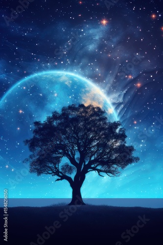 Tree on the background of space, background. Ai generative.