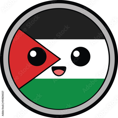 Cute vector illustration of Palestine flag in circular emoji style with kawaii face, cartoon design ideal for stickers, web, and digital graphics
