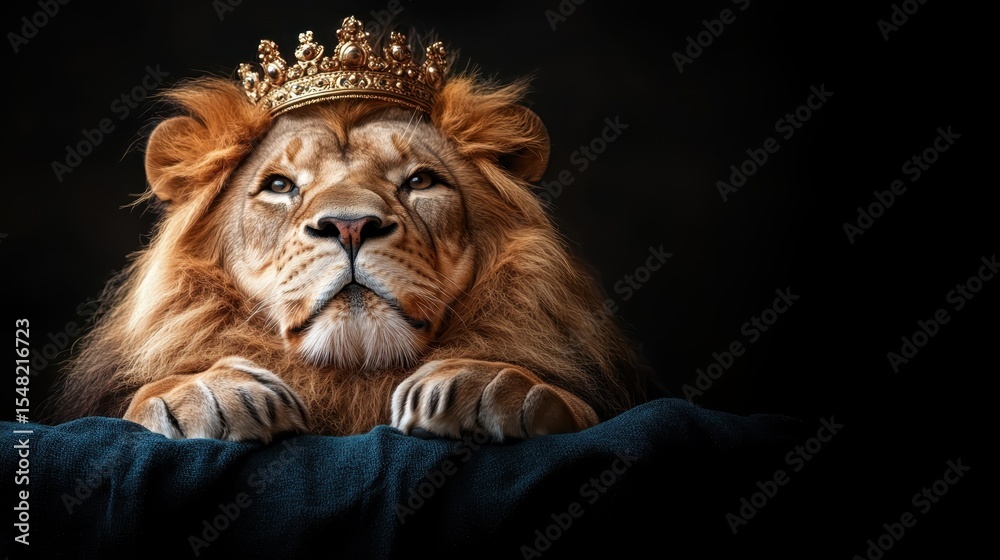Naklejka premium A regal lion adorned with a golden crown, representing power and majesty, captured in a dramatic portrait that emphasizes its fierce yet noble presence.