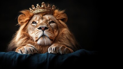 Crédence de cuisine Lion A regal lion adorned with a golden crown, representing power and majesty, captured in a dramatic portrait that emphasizes its fierce yet noble presence.  © Larisa AI