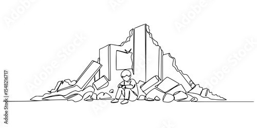Continuous one line drawing of a little boy sitting alone in the ruins of a building, representing the loss and destruction caused by war, line art style vector illustration.