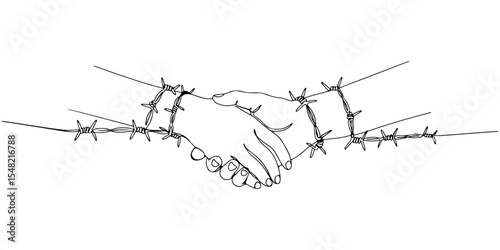 Continuous line drawing of a pair of hands holding each other through barbed wire, representing suffering and solidarity amidst conflict, line art style vector illustration.