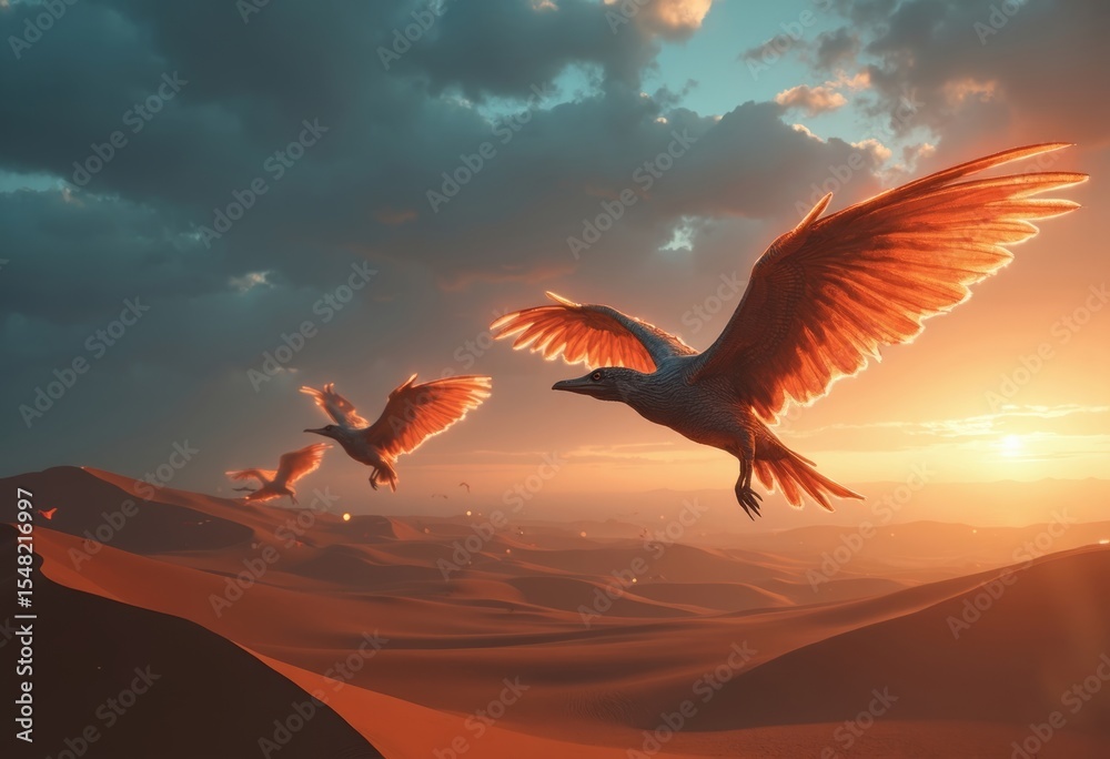 Fototapeta Desert sunset, soaring birds