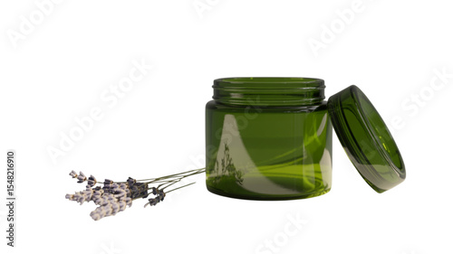 Green Glass Jar Mockup with Open Lid and Light Reflection on transparent background
