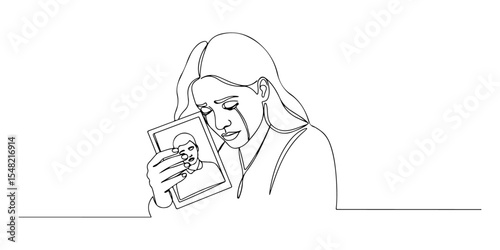 Continuous line drawing of a mother's face crying while hugging a photo, representing the loss of a family member due to war, line art style vector illustration.